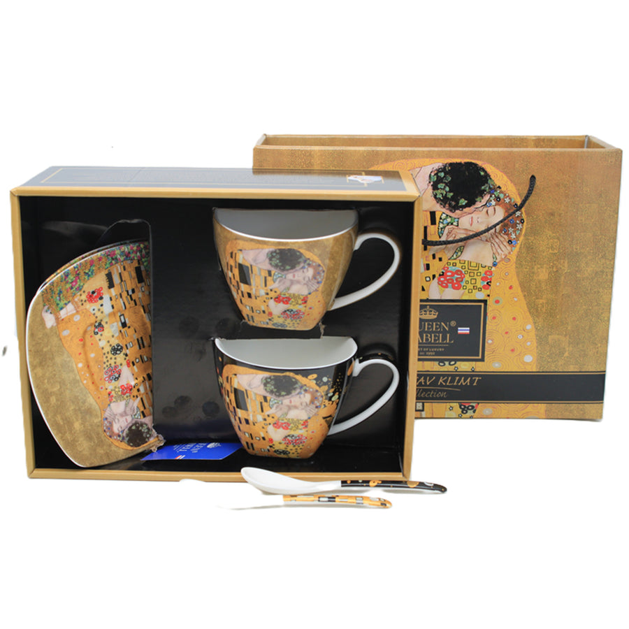 Juego de 2 tazas de porcelana Reina Isabell, motivo El beso de Klimt, cucharillas, 250 ml, W25KL60-2-19000