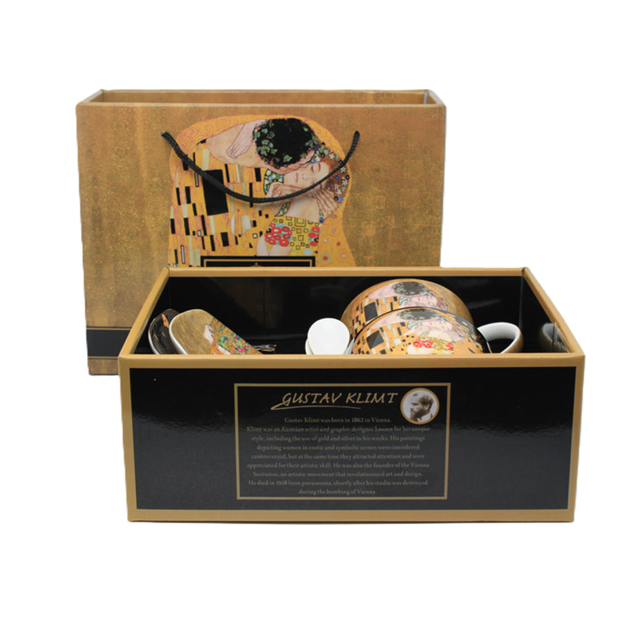 Juego de 2 tazas de porcelana Reina Isabell, motivo El beso de Klimt, cucharillas, 250 ml, W25KL60-2-19000