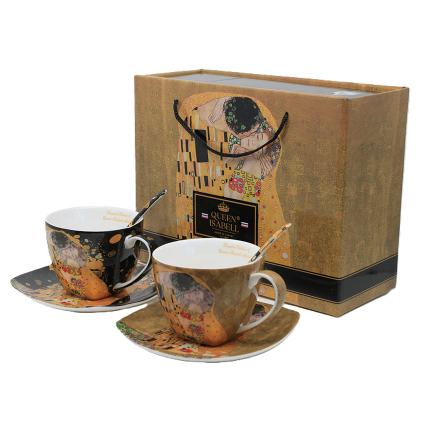 Juego de 2 tazas de porcelana Reina Isabell, motivo El beso de Klimt, cucharillas, 250 ml, W25KL60-2-19000