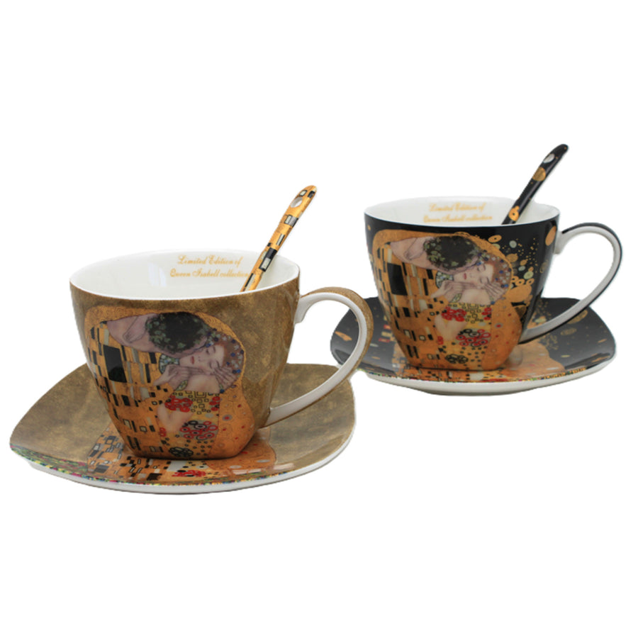 Juego de 2 tazas de porcelana Reina Isabell, motivo El beso de Klimt, cucharillas, 250 ml, W25KL60-2-19000
