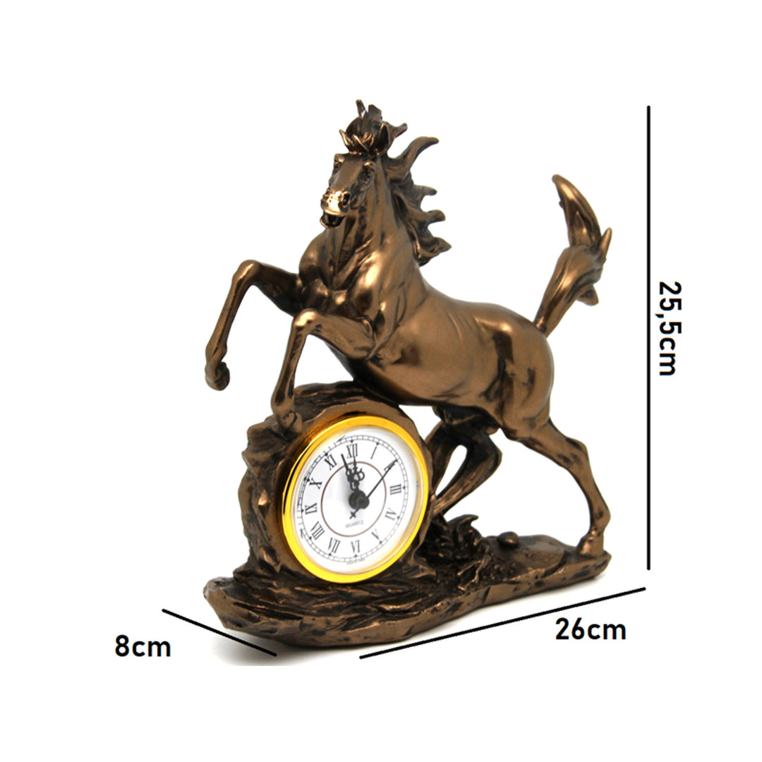 Estatuilla caballo saltando, reloj, decoración bronce, Reina Isabel