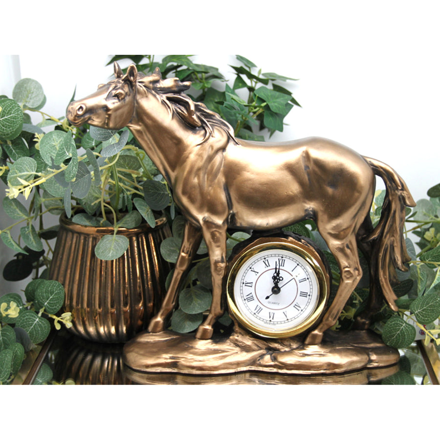 Estatuilla de caballo de pie, reloj, escultura decorativa de bronce, Reina Isabel