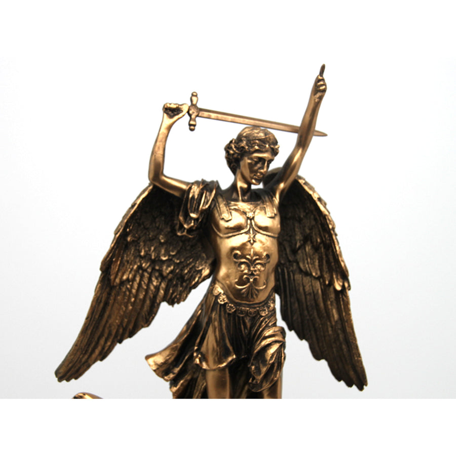 Estatuilla Arcángel Miguel, reloj, escultura religiosa de bronce, Reina Isabel