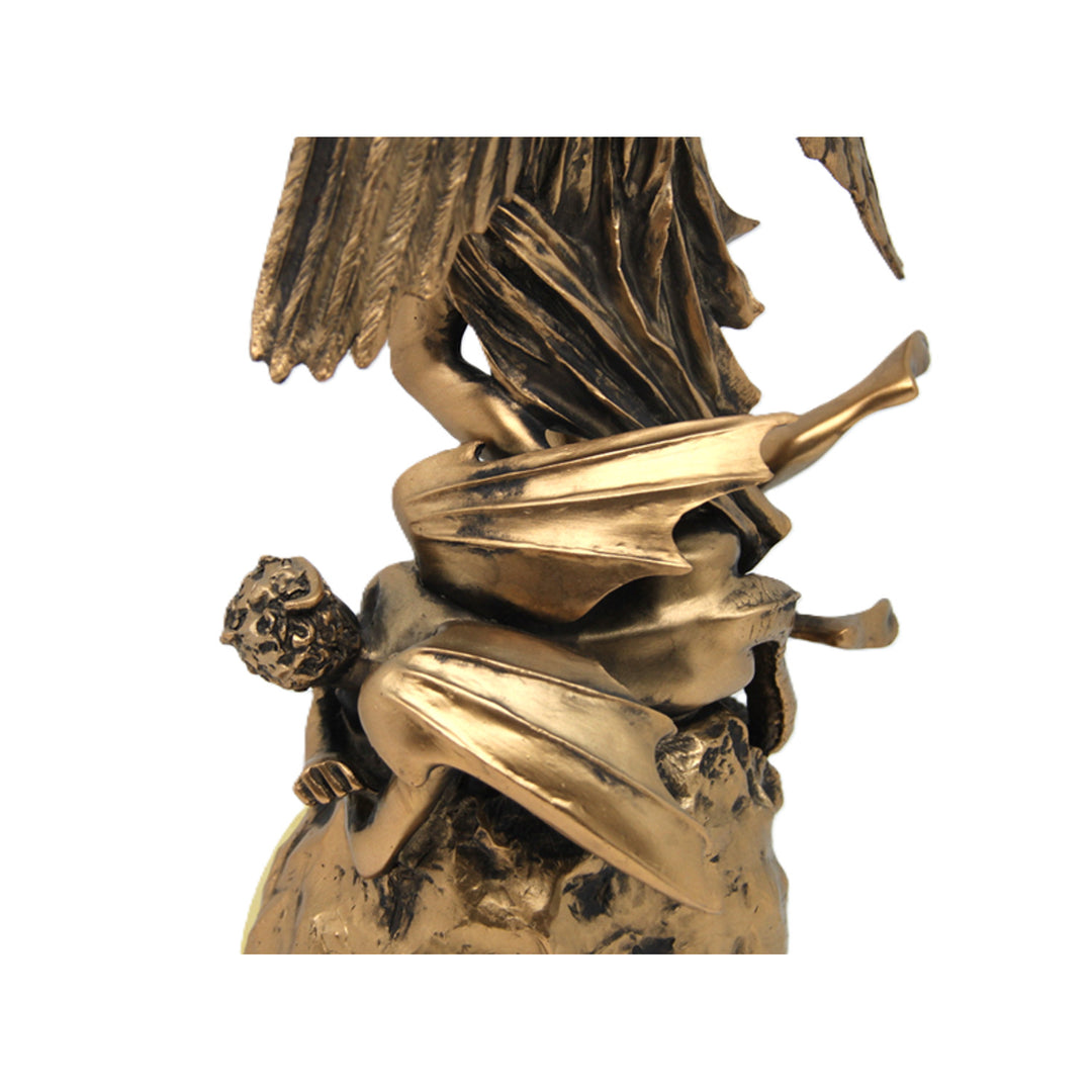 Estatuilla Arcángel Miguel, reloj, escultura religiosa de bronce, Reina Isabel