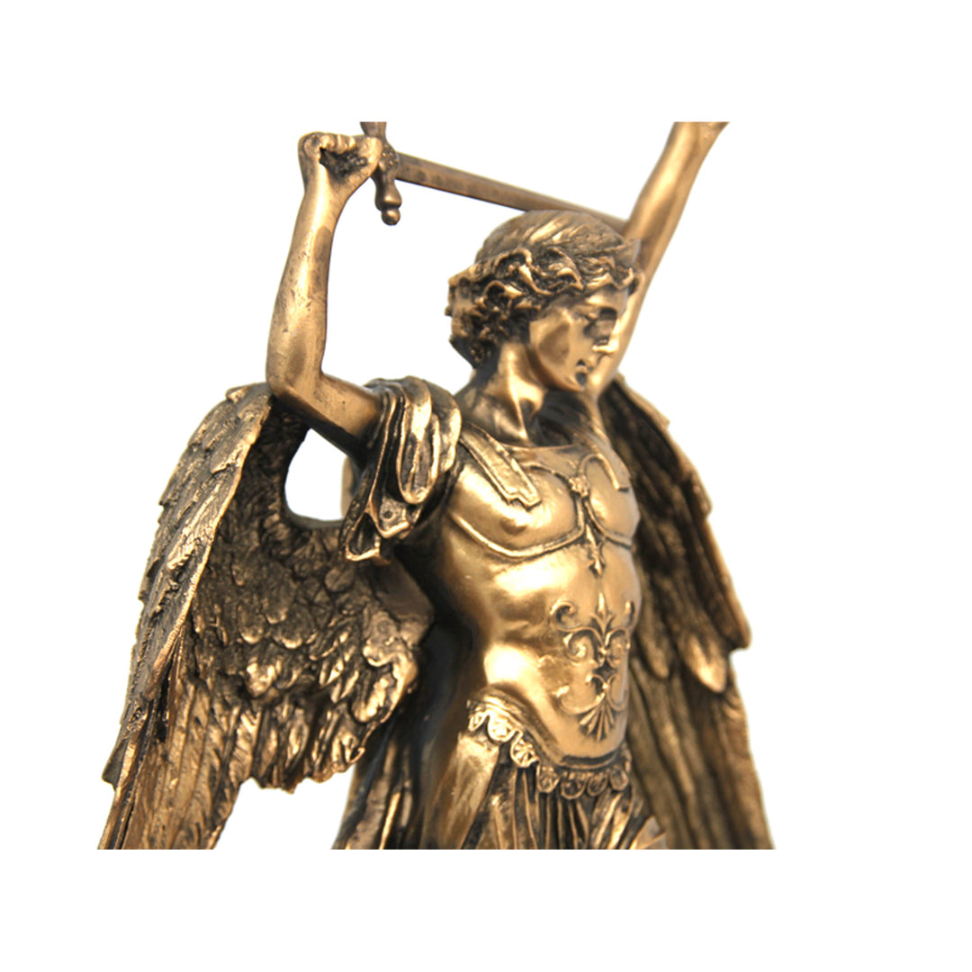 Estatuilla Arcángel Miguel, reloj, escultura religiosa de bronce, Reina Isabel