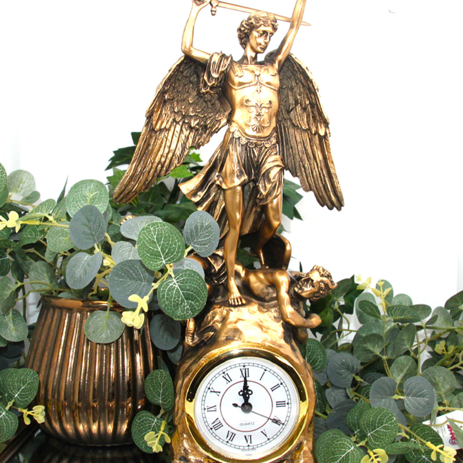 Estatuilla Arcángel Miguel, reloj, escultura religiosa de bronce, Reina Isabel