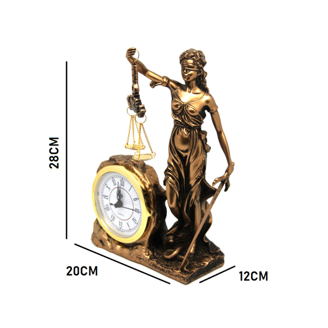 Figurilla de Temida Diosa de la Justicia, reloj, Reina Isabel