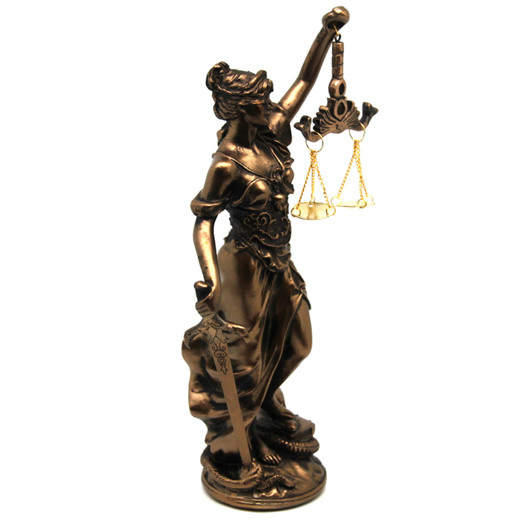 Figurilla de Temida con balanza y espada, escultura legal de bronce, Reina Isabel