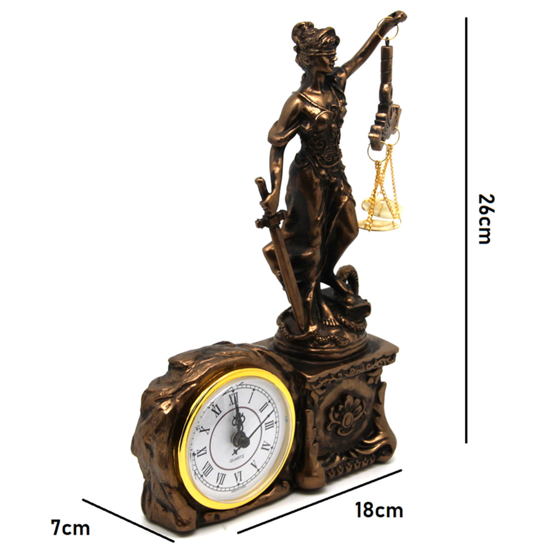 Figurilla de Temis con balanza y espada, reloj, decoración de bronce, Reina Isabel