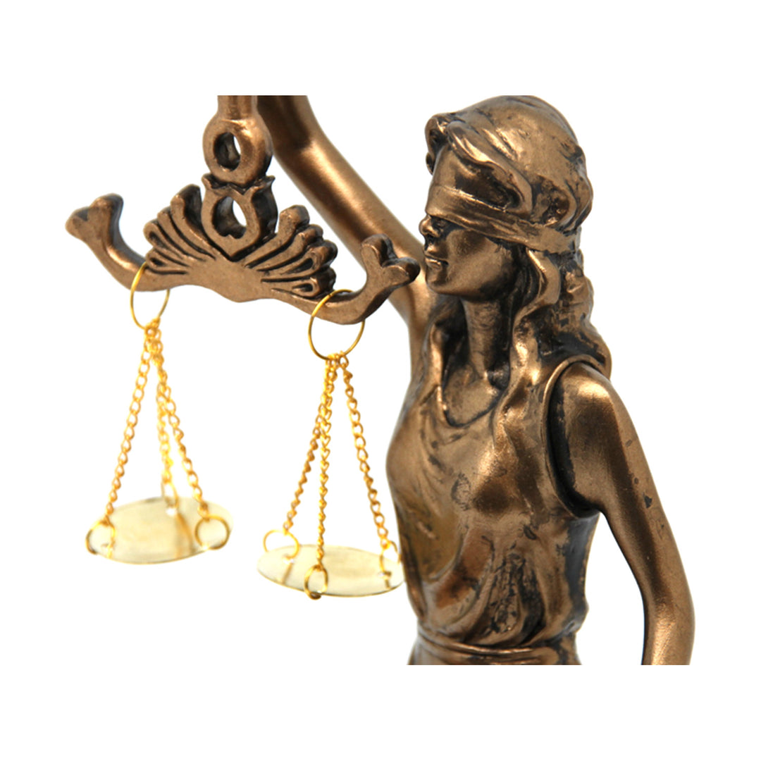 Figurillas de Themis con escamas y espada, apoyalibros, Reina Isabel, 2 piezas