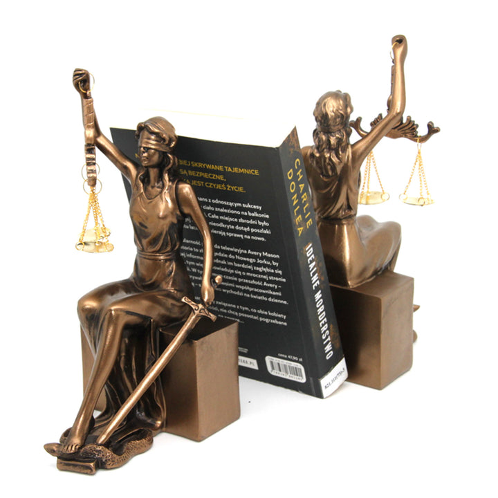 Figurillas de Themis con escamas y espada, apoyalibros, Reina Isabel, 2 piezas