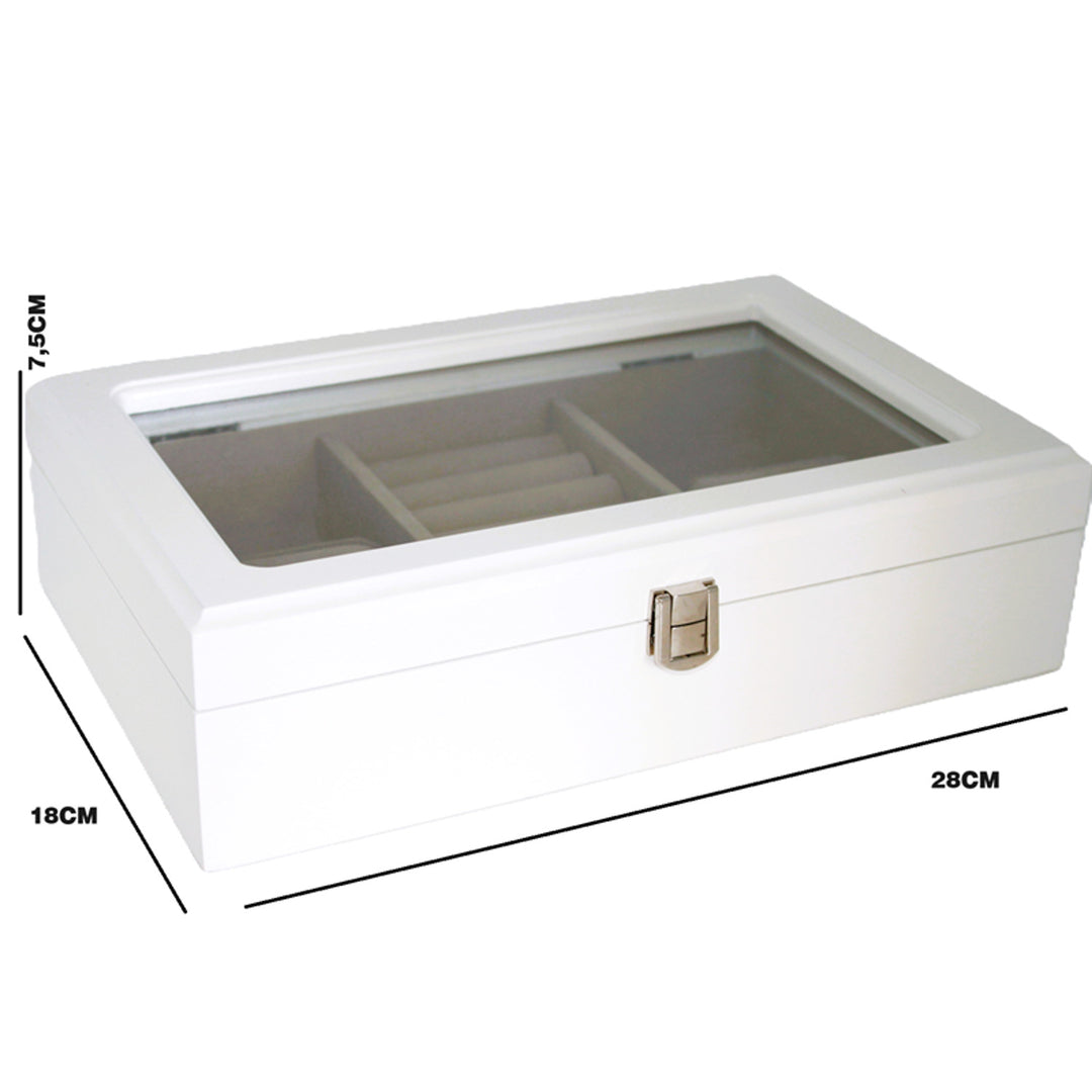 Joyero, madera, blanco, organizador, compartimentos, tapa de cristal, Reina Isabel