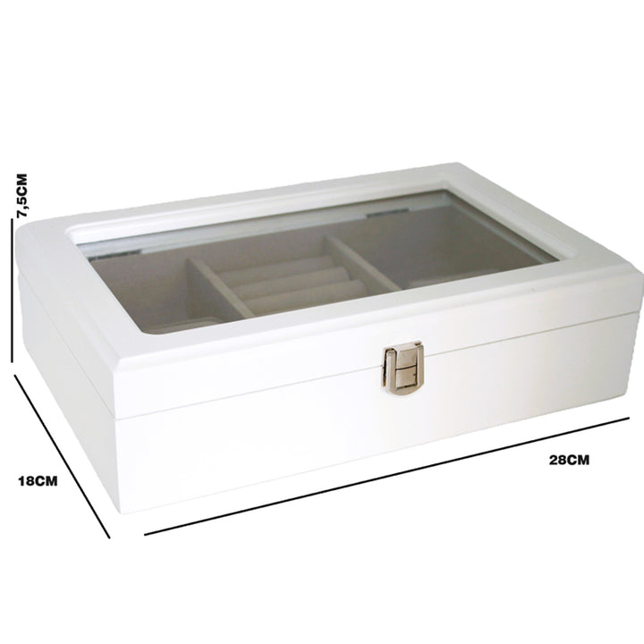 Joyero, madera, blanco, organizador, compartimentos, tapa de cristal, Reina Isabel