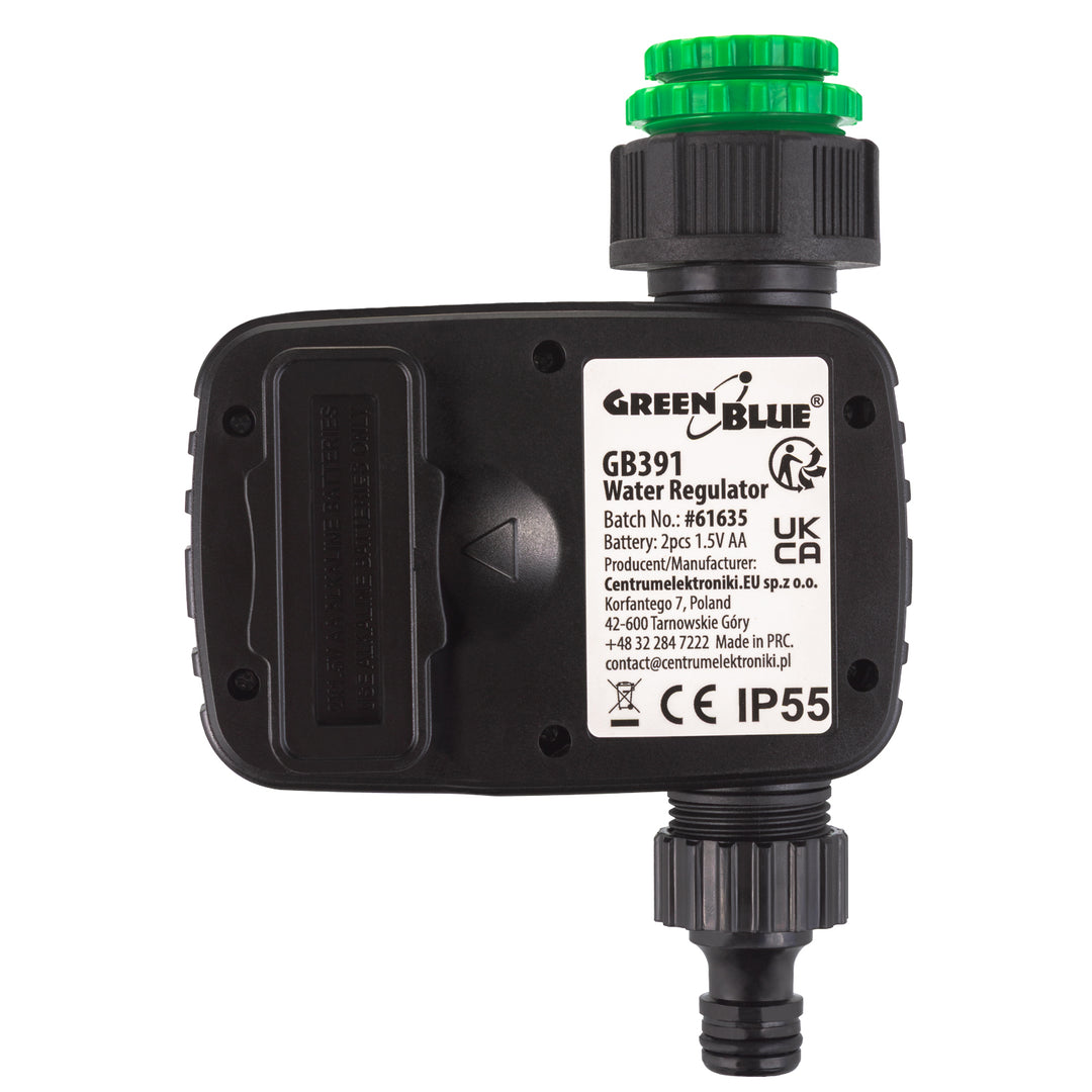 Controlador electrónico de riego GreenBlue, programador, fuente de alimentación 2x 1,5V AA, GB391 + 2x pilas alcalinas Varta Industrial AA