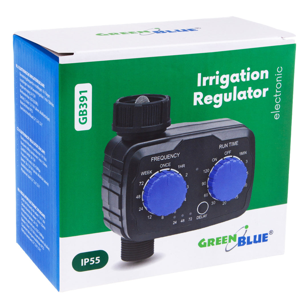 Controlador electrónico de riego GreenBlue, programador, fuente de alimentación 2x 1,5V AA, GB391 + 2x pilas alcalinas Varta Industrial AA