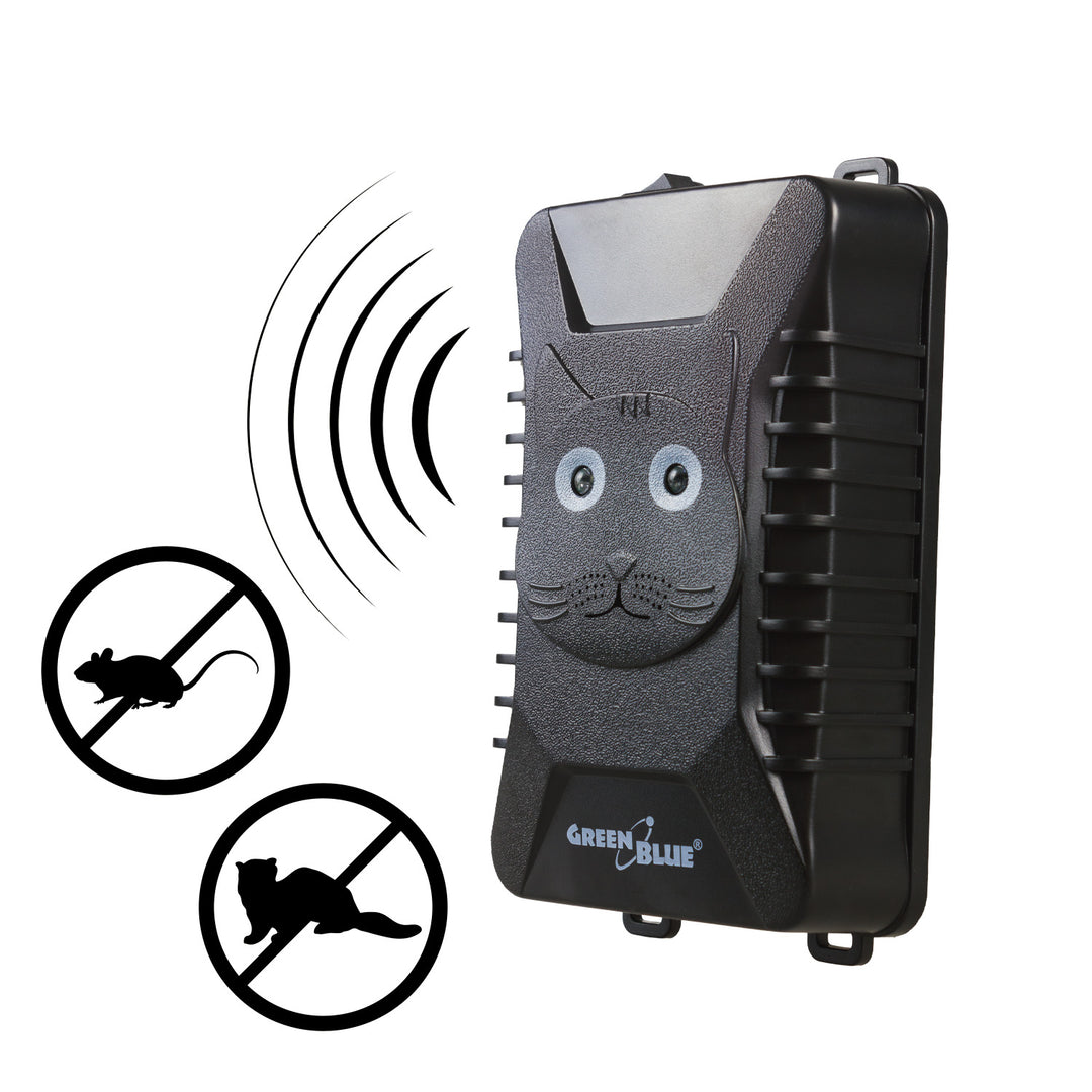 Ahuyentador de roedores y martas GreenBlue GB725 con ultrasonidos y LED + 4 pilas AA Varta Industrial