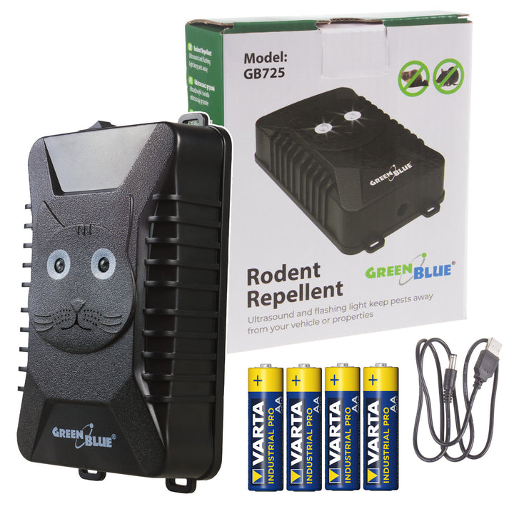 Ahuyentador de roedores y martas GreenBlue GB725 con ultrasonidos y LED + 4 pilas AA Varta Industrial