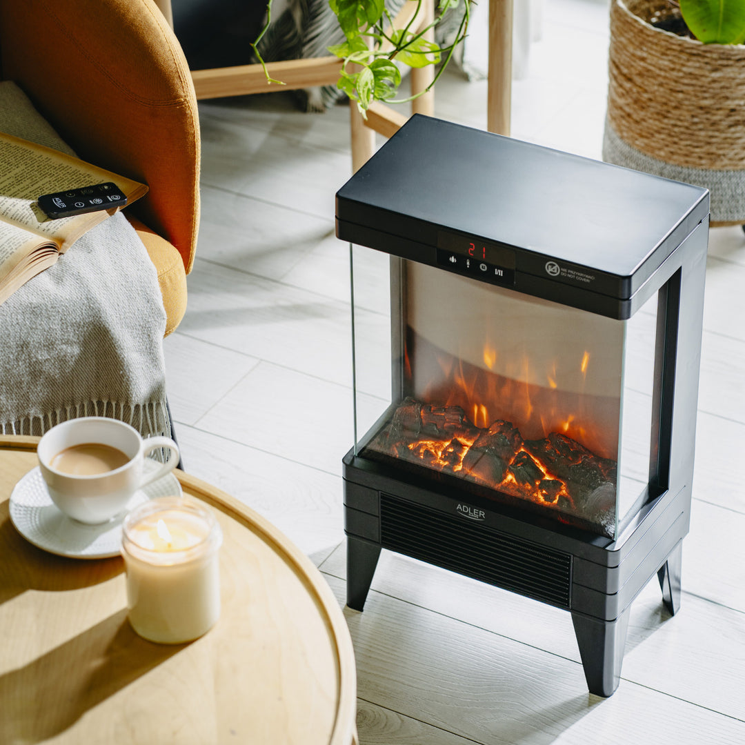 Chimenea eléctrica LED con mando a distancia, 2 potencias de calefacción 1000W/2000W, termostato, Adler AD 7755