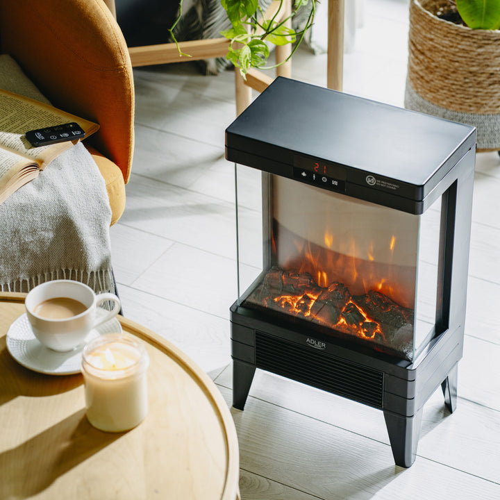 Chimenea eléctrica LED con mando a distancia, 2 potencias de calefacción 1000W/2000W, termostato, Adler AD 7755