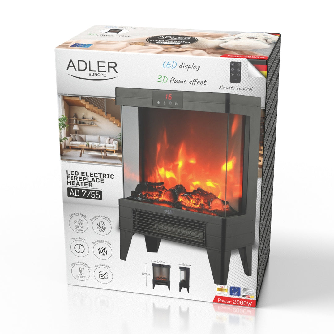 Chimenea eléctrica LED con mando a distancia, 2 potencias de calefacción 1000W/2000W, termostato, Adler AD 7755