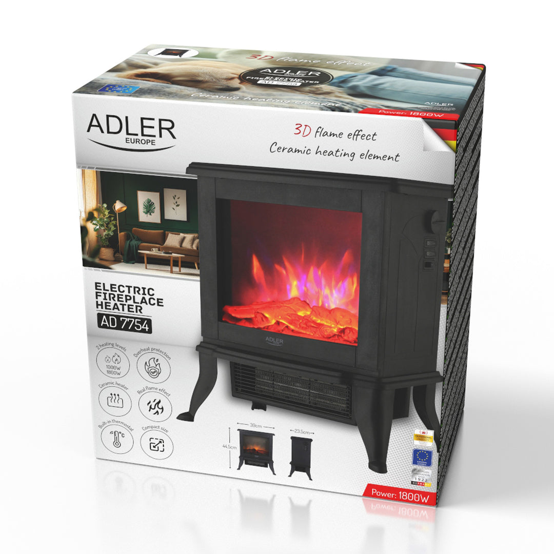 Chimenea eléctrica Adler, 2 niveles de calefacción, potencia máx. 1800W, termostato, efecto llama 3D, AD 7754