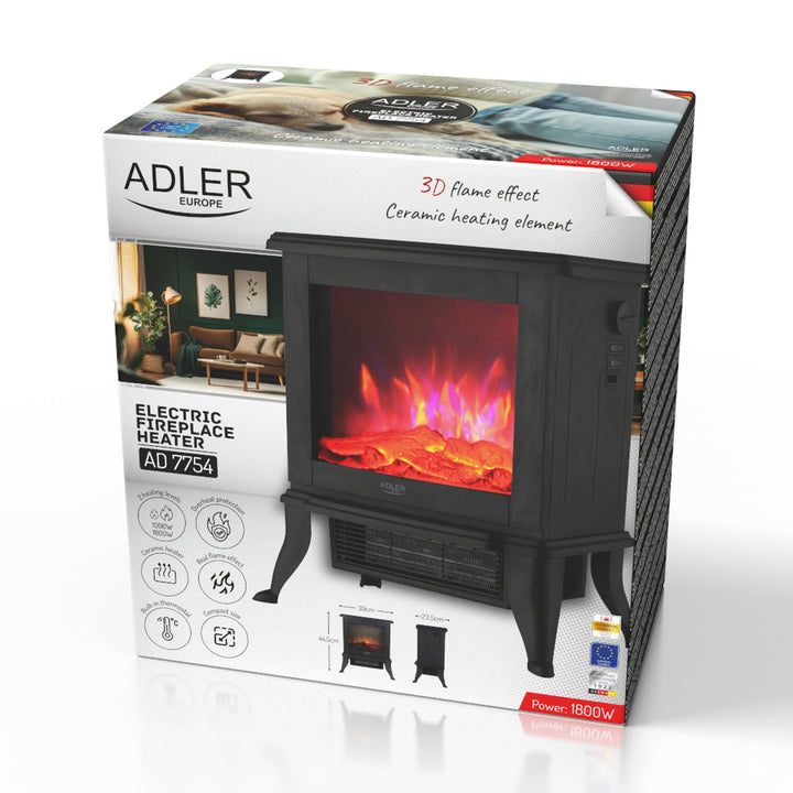 Chimenea eléctrica Adler, 2 niveles de calefacción, potencia máx. 1800W, termostato, efecto llama 3D, AD 7754