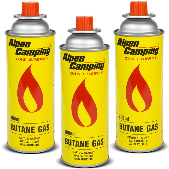 Cartucho de gas 400ml Alpen Camping. Certificado: Pi 0875, cumple con EN417, isobutano, rango de funcionamiento -10°C a + 40°C, IK004, 3 piezas.