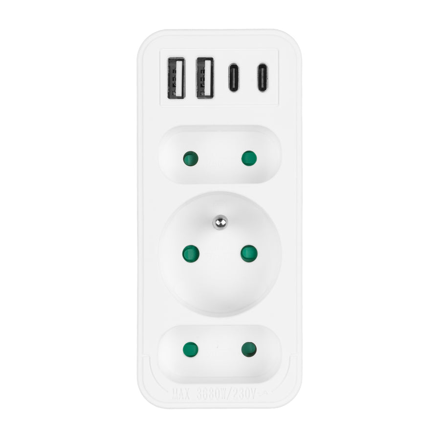 Toma de corriente x3 + 4xUSB Maclean, divisor de 3 tomas, 2xUSB A, 2xUSB C PD 20W, 1x16A + 2x6A, MCE248 F/W, 2 piezas