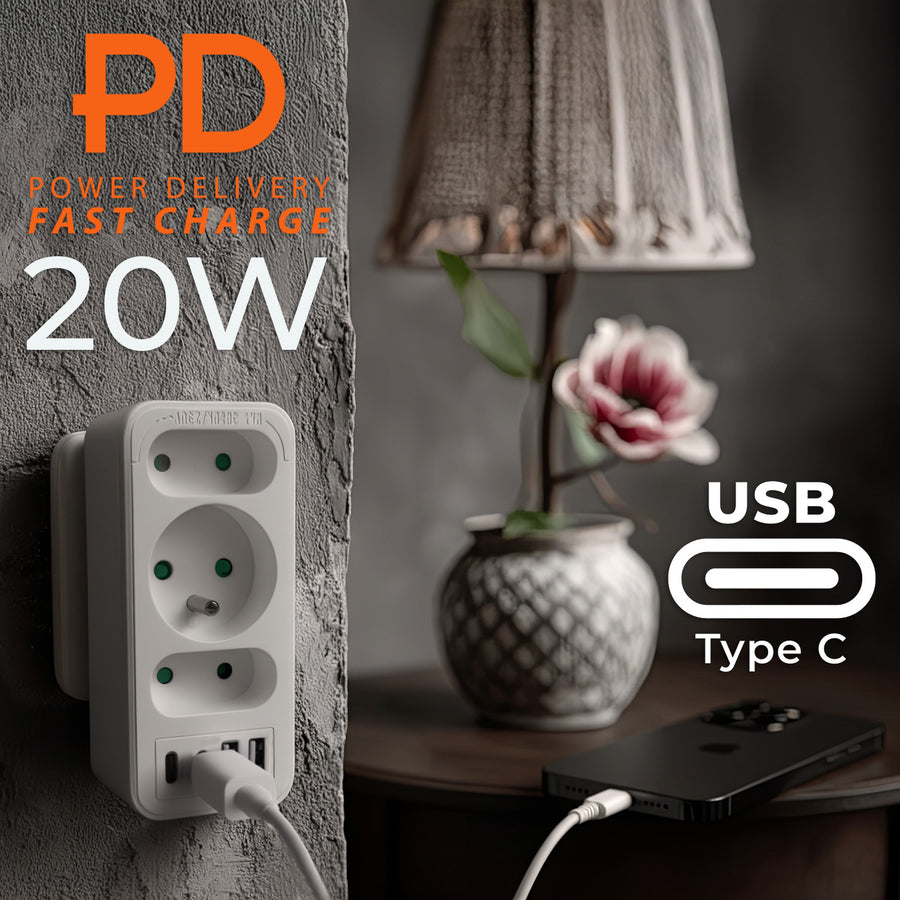 Toma de corriente x3 + 4xUSB Maclean, divisor de 3 tomas, 2xUSB A, 2xUSB C PD 20W, 1x16A + 2x6A, MCE248 F/W, 2 piezas