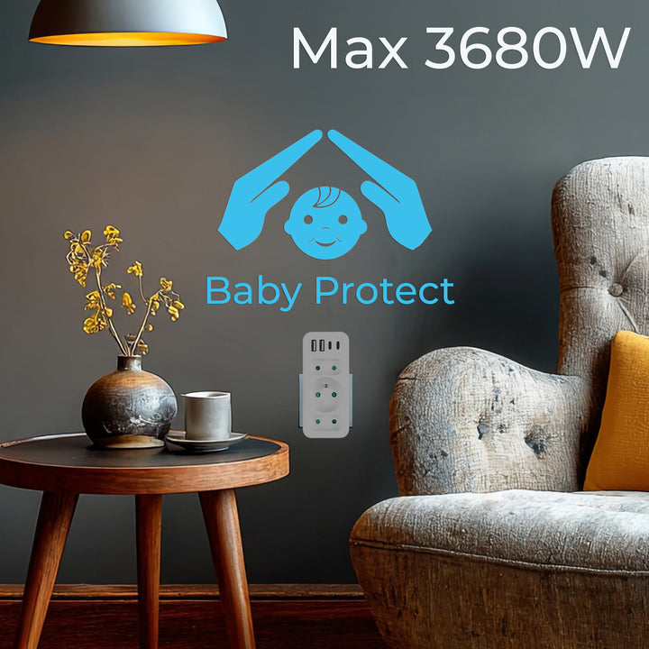 Toma de corriente x3 + 4xUSB Maclean, divisor de 3 tomas, 2xUSB A, 2xUSB C PD 20W, 1x16A + 2x6A, MCE248 F/W, 2 piezas