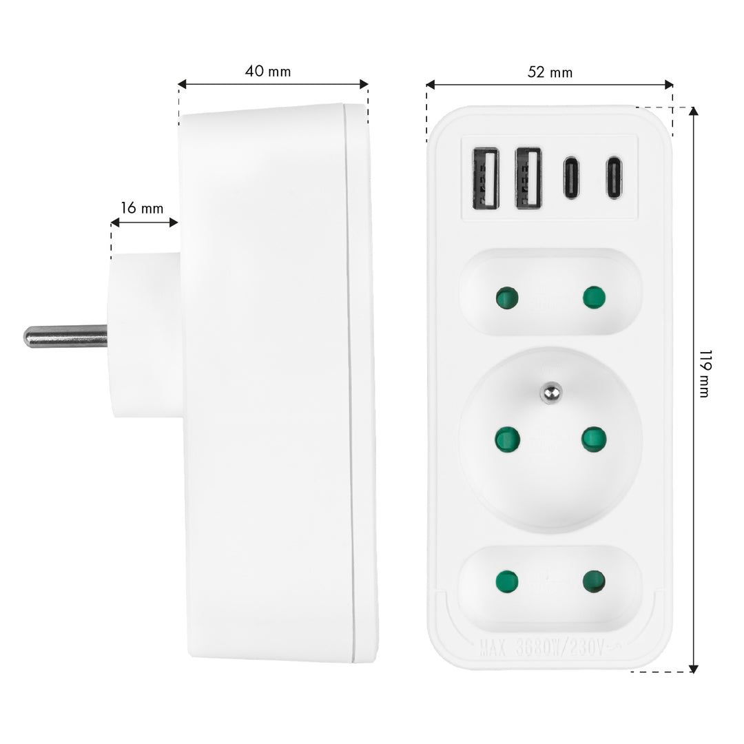 Toma de corriente x3 + 4xUSB Maclean, divisor de 3 tomas, 2xUSB A, 2xUSB C PD 20W, 1x16A + 2x6A, MCE248 F/W, 3 piezas