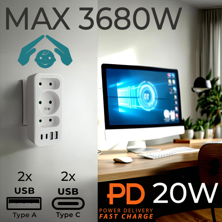 Toma de corriente x3 + 4xUSB Maclean, divisor de 3 tomas, 2xUSB A, 2xUSB C PD 20W, 1x16A + 2x6A, MCE248 F/W, 3 piezas