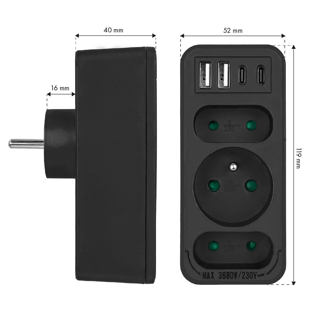 Toma de corriente x3 + 4xUSB Maclean, divisor de 3 tomas, 2xUSB A, 2xUSB C PD 20W, 1x16A + 2x6A, MCE248 F/B, 2 unidades