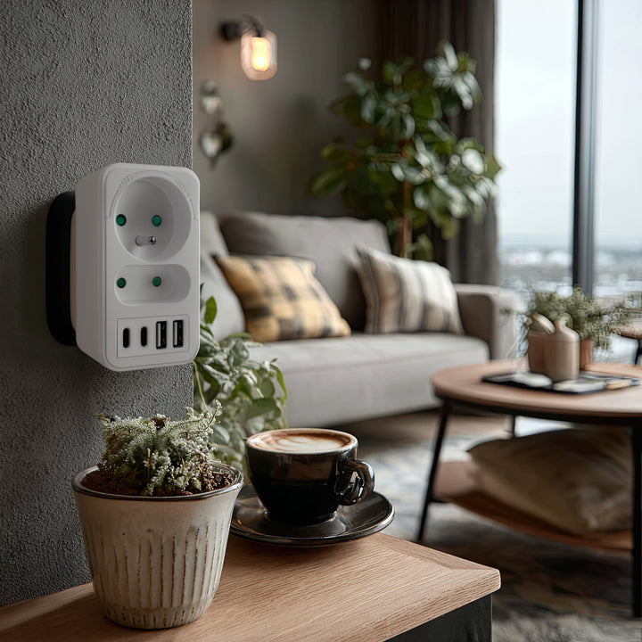 Toma de corriente Maclean x2 + 4xUSB, divisor con 2 tomas, 2xUSB A, 2xUSB C PD 20W, 1x16A + 1x6A, MCE249 F/W, 2 piezas