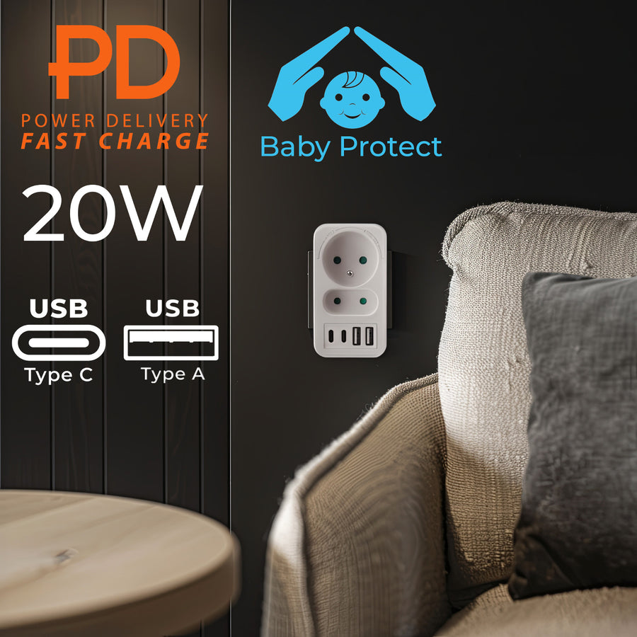 Toma de corriente Maclean x2 + 4xUSB, divisor con 2 tomas, 2xUSB A, 2xUSB C PD 20W, 1x16A + 1x6A, MCE249 F/W, 2 piezas