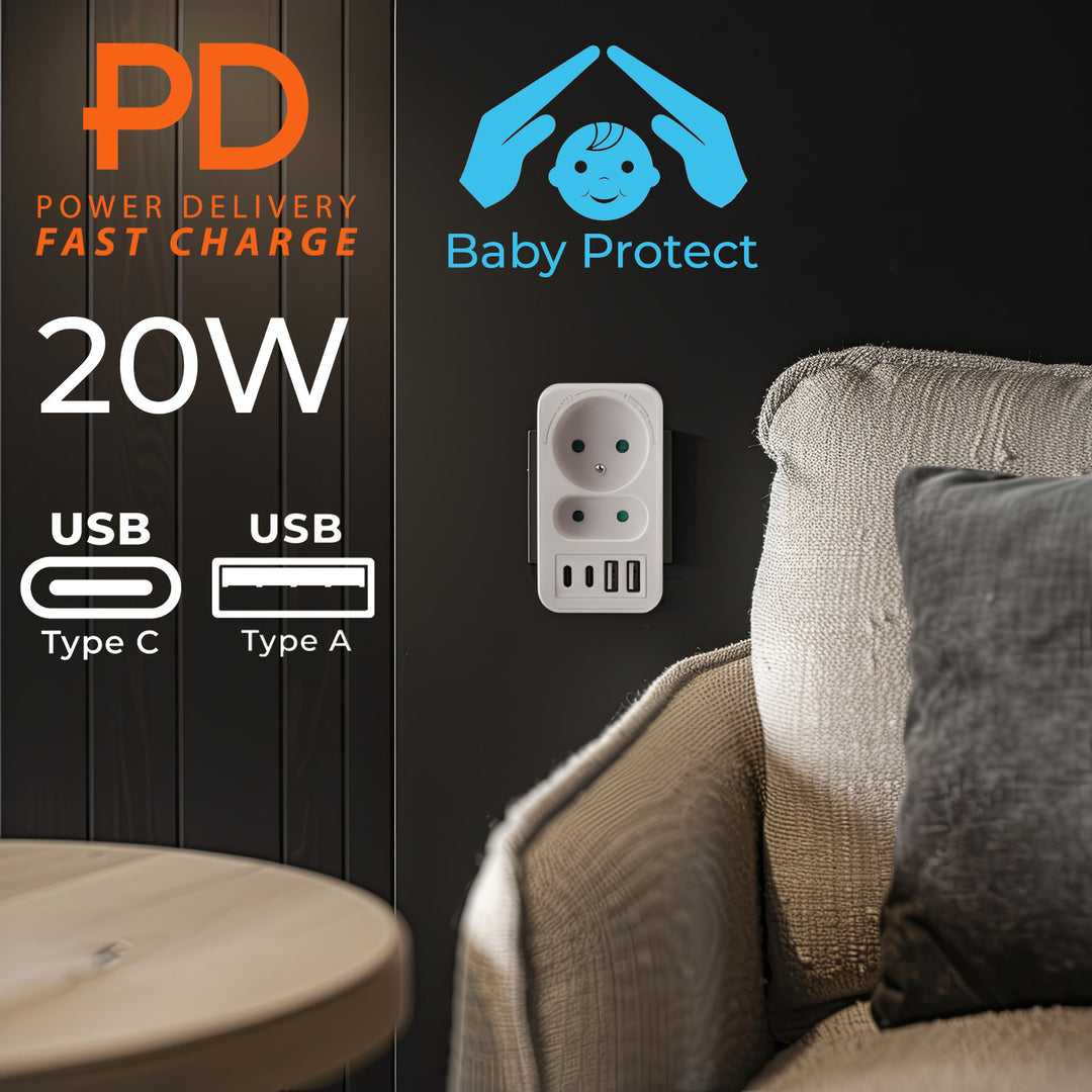 Toma de corriente Maclean x2 + 4xUSB, divisor con 2 tomas, 2xUSB A, 2xUSB C PD 20W, 1x16A + 1x6A, MCE249 F/W, 3 piezas