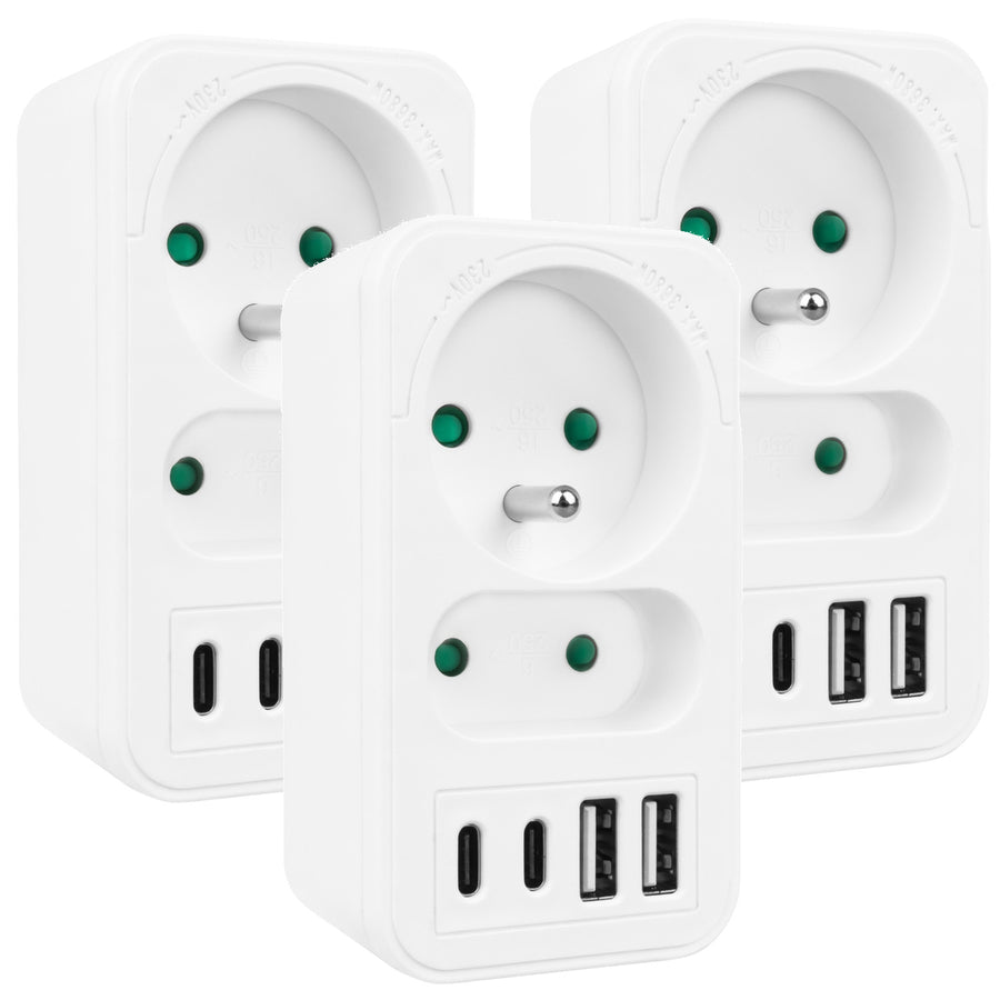 Toma de corriente Maclean x2 + 4xUSB, divisor con 2 tomas, 2xUSB A, 2xUSB C PD 20W, 1x16A + 1x6A, MCE249 F/W, 3 piezas