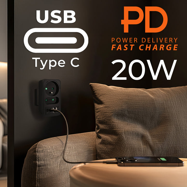 Toma de corriente Maclean x2 + 4xUSB, divisor con 2 tomas, 2xUSB A, 2xUSB C PD 20W, 1x16A + 1x6A, MCE249 F/B, 2 piezas