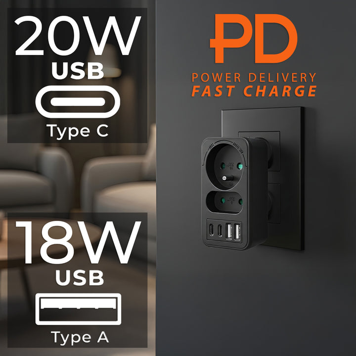 Toma de corriente Maclean x2 + 4xUSB, divisor con 2 tomas, 2xUSB A, 2xUSB C PD 20W, 1x16A + 1x6A, MCE249 F/B, 2 piezas