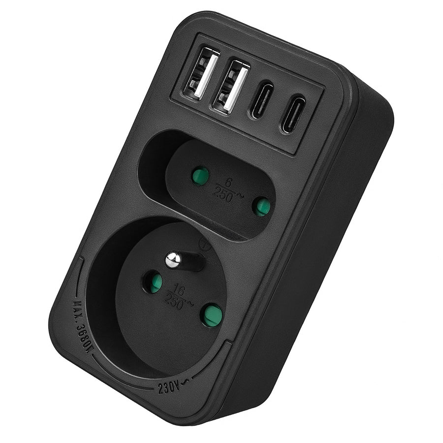 Toma de corriente Maclean x2 + 4xUSB, divisor con 2 tomas, 2xUSB A, 2xUSB C PD 20W, 1x16A + 1x6A, MCE249 F/B, 3 piezas