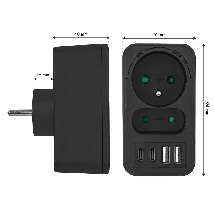 Toma de corriente Maclean x2 + 4xUSB, divisor con 2 tomas, 2xUSB A, 2xUSB C PD 20W, 1x16A + 1x6A, MCE249 F/B, 3 piezas