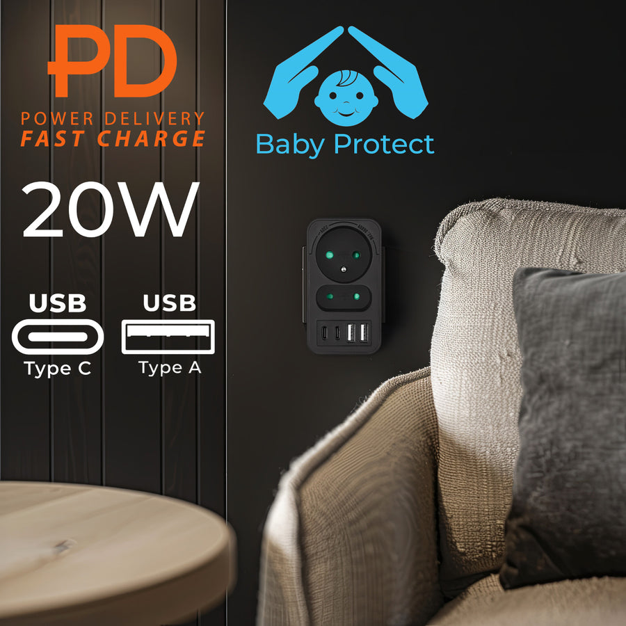 Toma de corriente Maclean x2 + 4xUSB, divisor con 2 tomas, 2xUSB A, 2xUSB C PD 20W, 1x16A + 1x6A, MCE249 F/B, 3 piezas