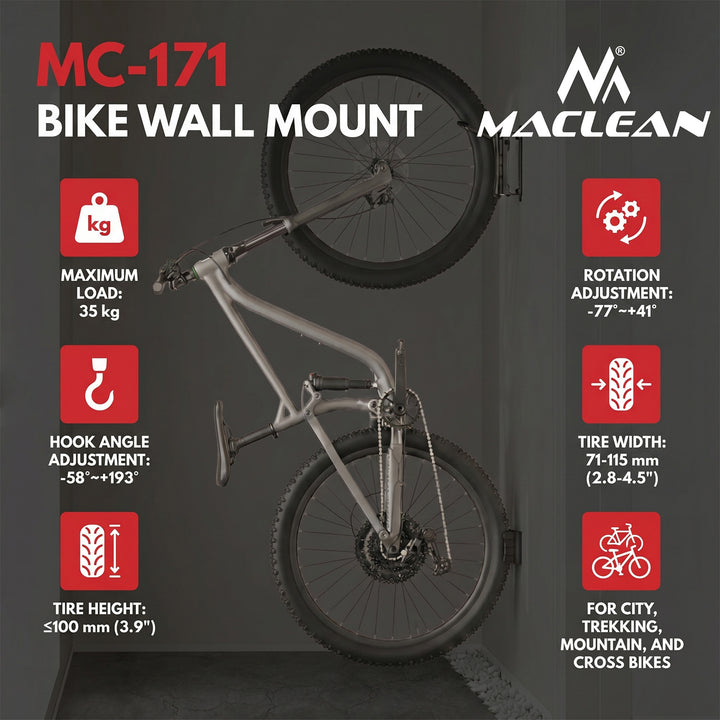 Soporte de pared para bicicletas Maclean, carga máxima de 35 kg, ángulo de inclinación ajustable, acero, MC-171