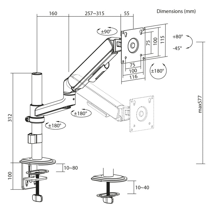 Soporte / colgador para monitor Ergo Office, resorte de gas, 17"-32", 1-10 kg, negro mate, VESA máx. 100x100, ER-691 B