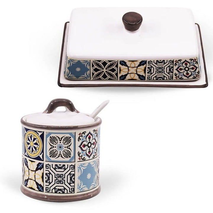 Holiday in Porto Maestro azucarero de cerámica, Capacidad 300ml, Juego incluye - cuchara de cerámica, MR-20005-09 + Holiday in Porto Maestro mantequillero de cerámica, MR-20005-45