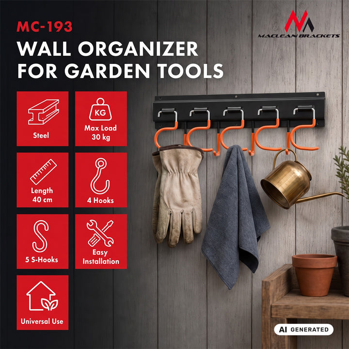 Organizador de pared para herramientas de jardín Maclean, de acero, con ganchos, carga máxima de 30 kg, 40 cm de ancho, MC-193