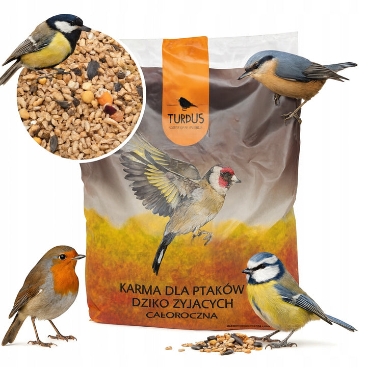 Comedero para pájaros Woodok, madera de abeto, cocido, ganchos resistentes + alpiste 1kg