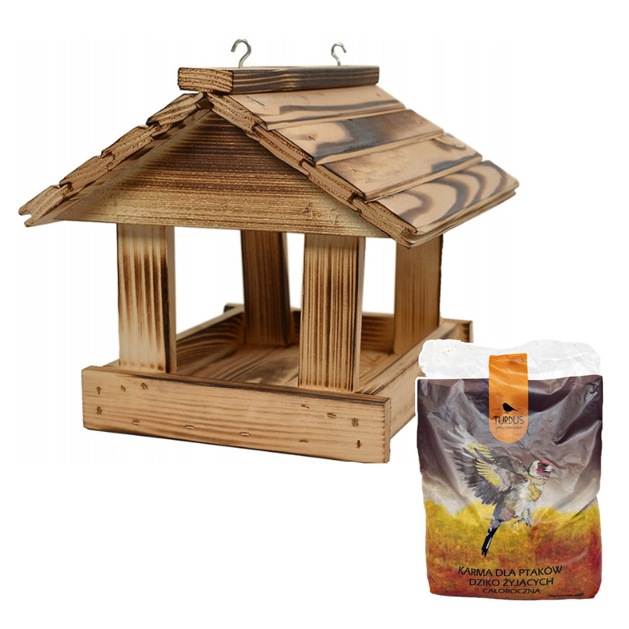 Comedero para pájaros Woodok, madera de abeto, cocido, ganchos resistentes + alpiste 1kg