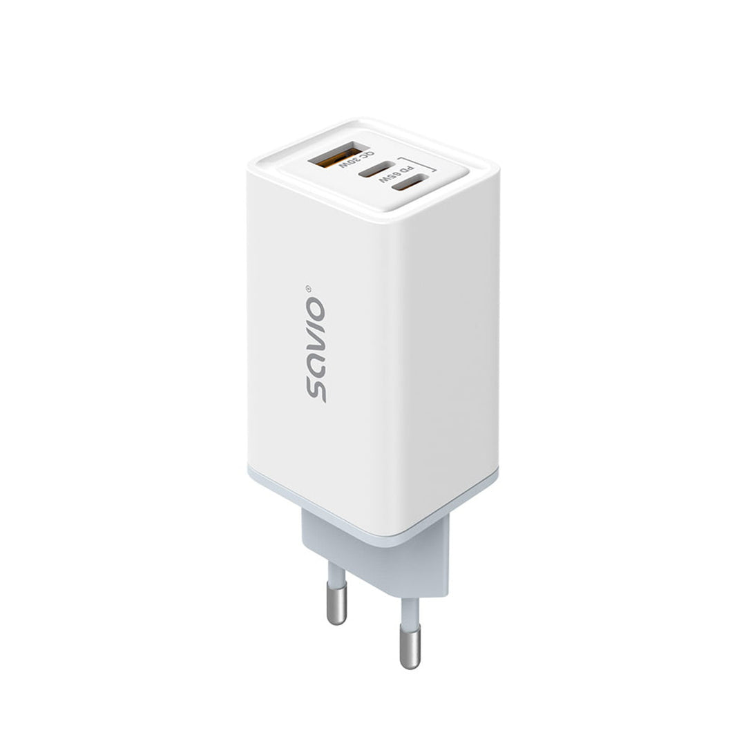 Cargador de red Savio, 1x USB-A, 2x USB-C, GaN, 65W, blanco, SAVLA-07