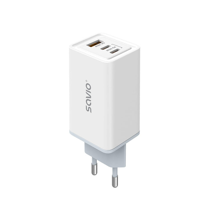 Cargador de red Savio, 1x USB-A, 2x USB-C, GaN, 65W, blanco, SAVLA-07